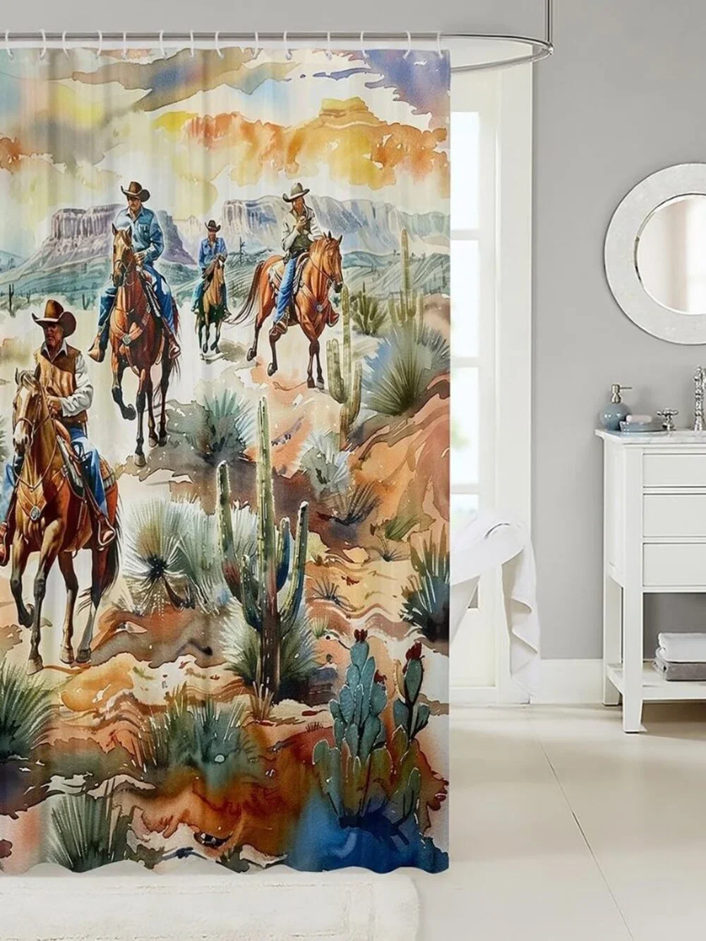 Western Cowboy Kids Shower Curtains,West Horse Desert Cactus Bathroom Curtain,Vi